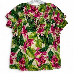 Cato Blouse Womens Size XL Short Sleeve Hawaiian Print Pink Green